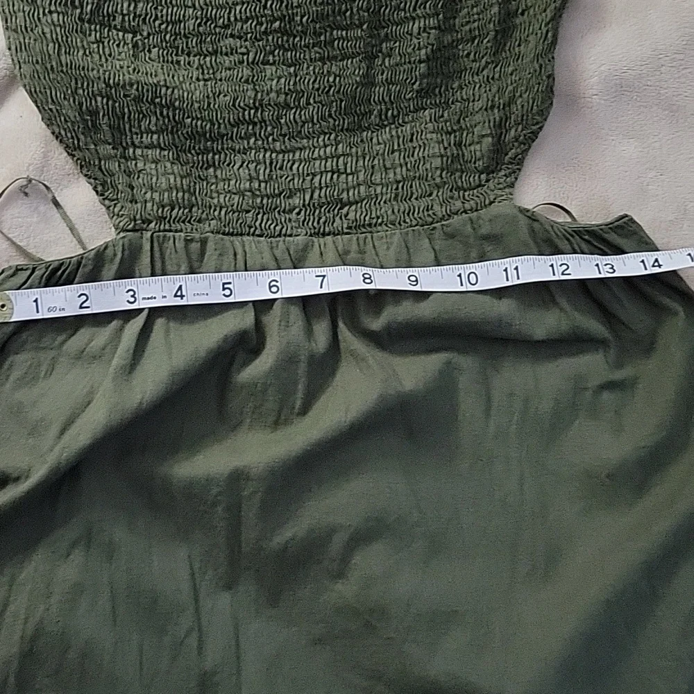 Zara Olive Green Linen Blend Strapless Shoulder Smocked Midi Dress Size M Boho - Picture 9 of 12